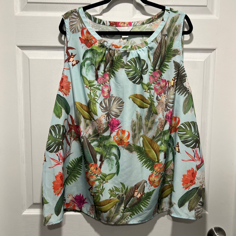 CJ Banks Tropical Jungle Leopard Print Sleeveless Blouse Light Blue 3X Floral
